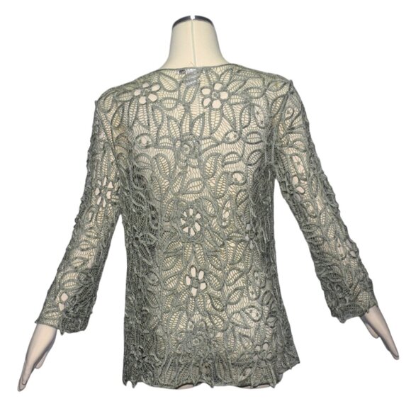 Soulmates Silk Hand Crochet Beaded Cardigan Jacket Topper Dusty Sage Green Tone - Picture 3 of 7